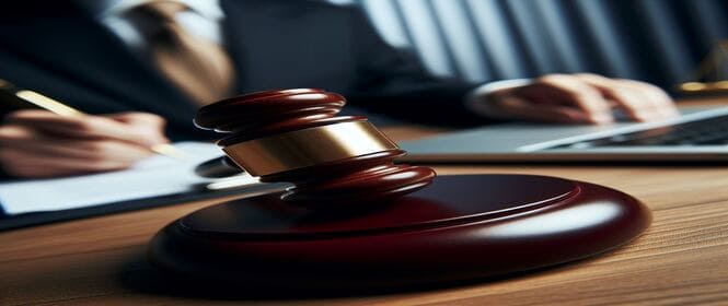 Desclassificação da proposta: quais os direitos e recursos para licitantes desclassificados? Na imagem, martelo da justiça como representação dos mecanismos de defesa e recursos que o sistema de licitações brasileiro prevê para casos de desclassificação de propostas.